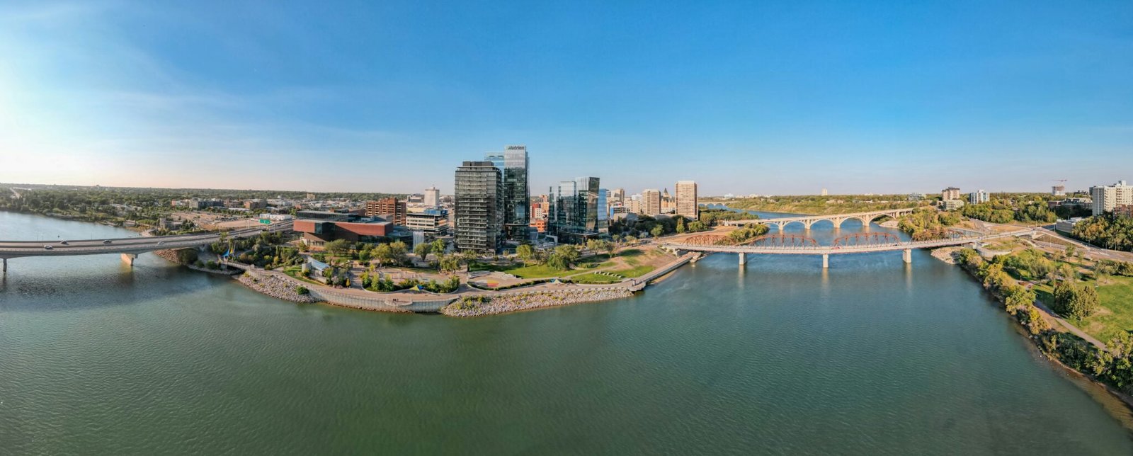 Aerial view of Saskatoons river and bridges